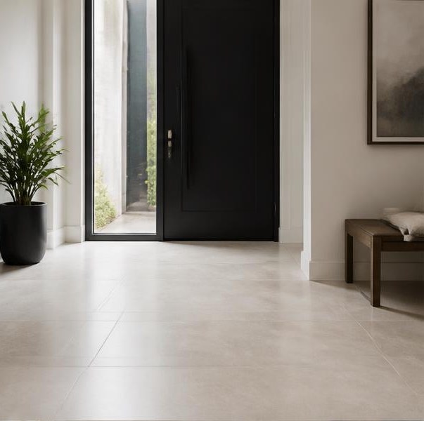 Large-format porcelain tile in a bright residential entryway