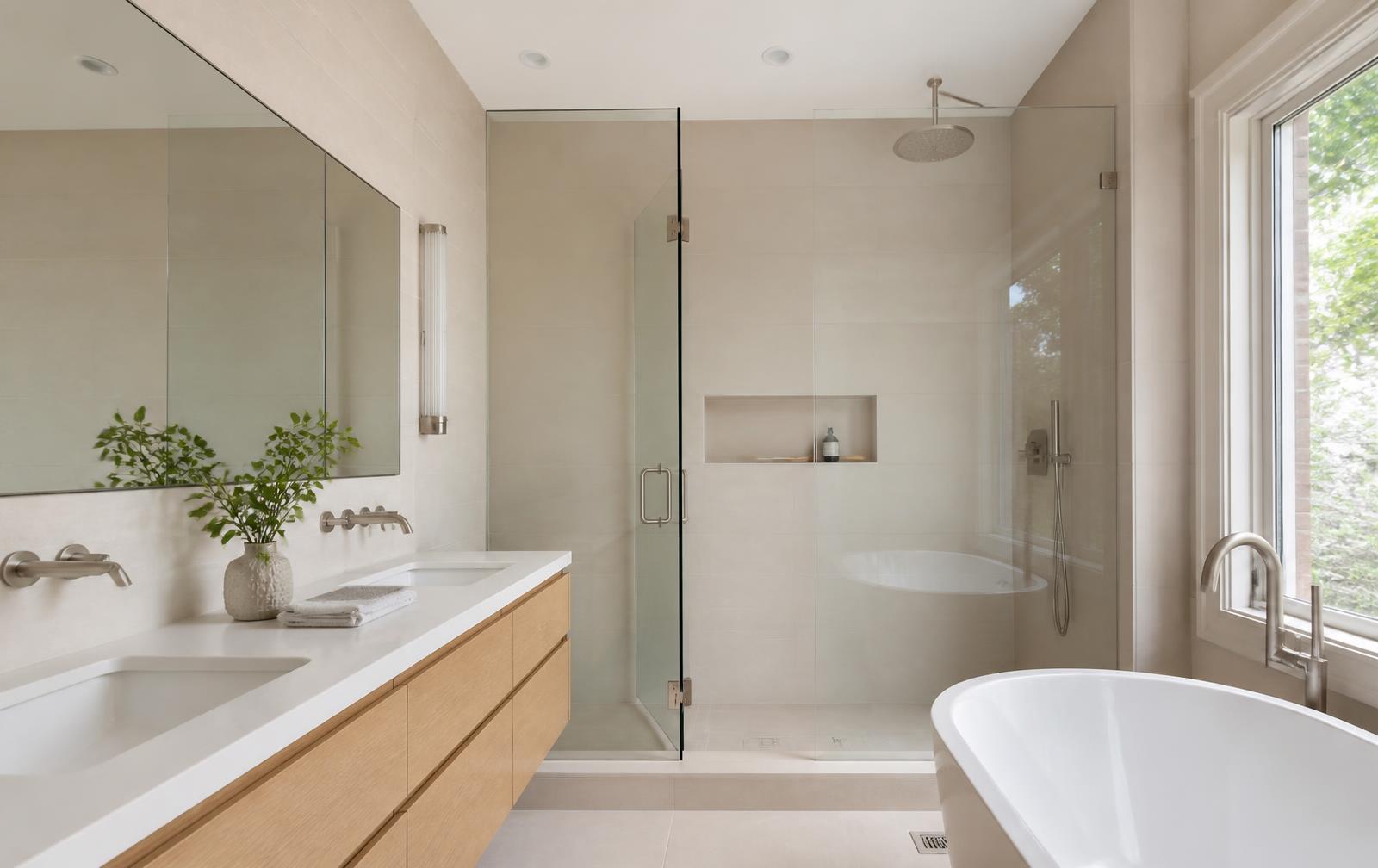 High-end bathroom with large-format tile, quartz vanity and glass shower