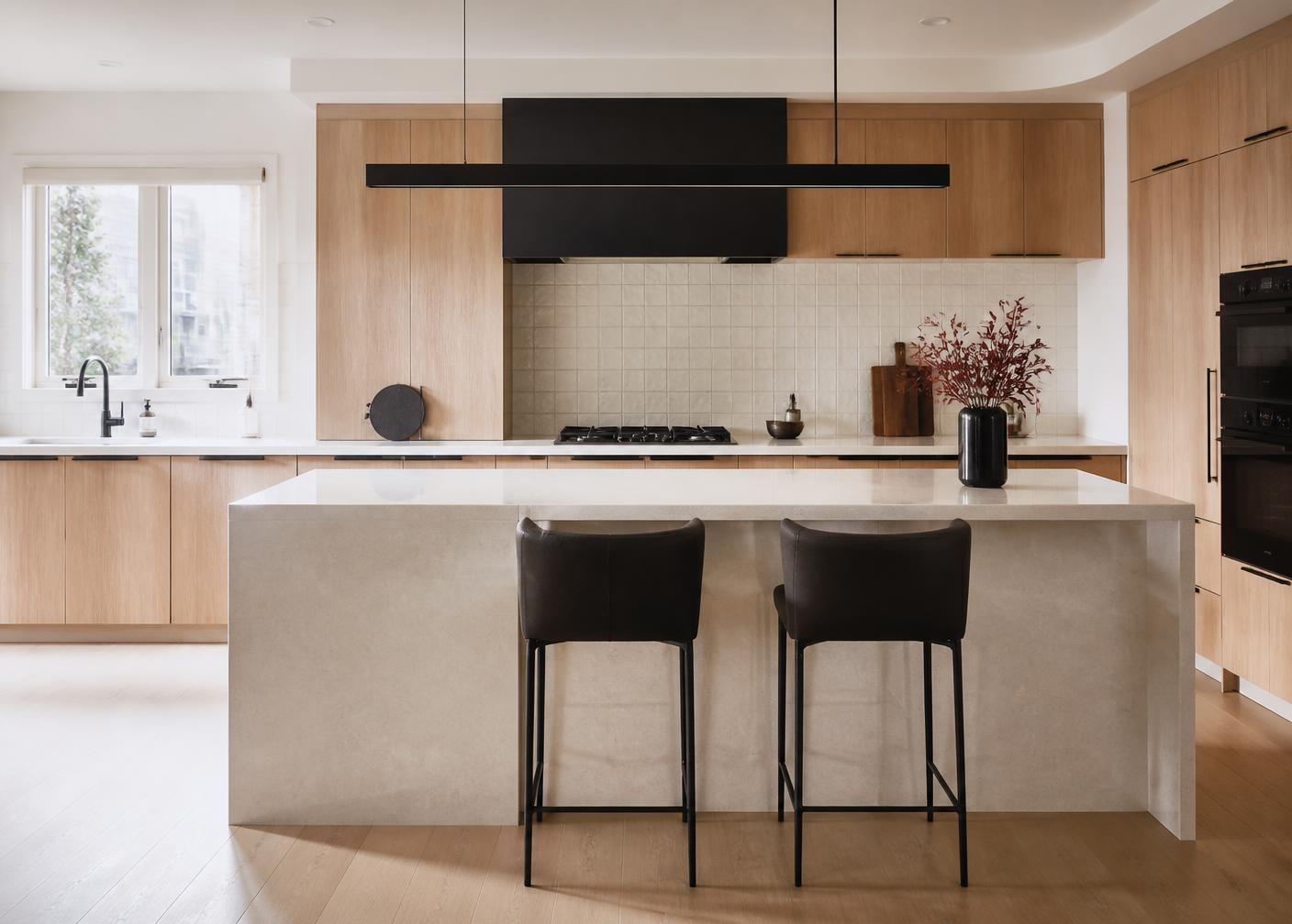 Modern kitchen with quartz island and tile backsplash